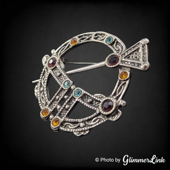 Vintage Celtic Multicolor Rhinestone Ornate Silver Tone Tara Brooch Pin - Picture 3 of 8